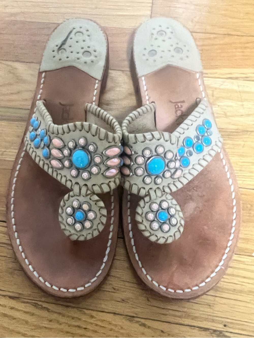 Jack Rogers Beige Leather Sandals with Turquoise and Pink Beading